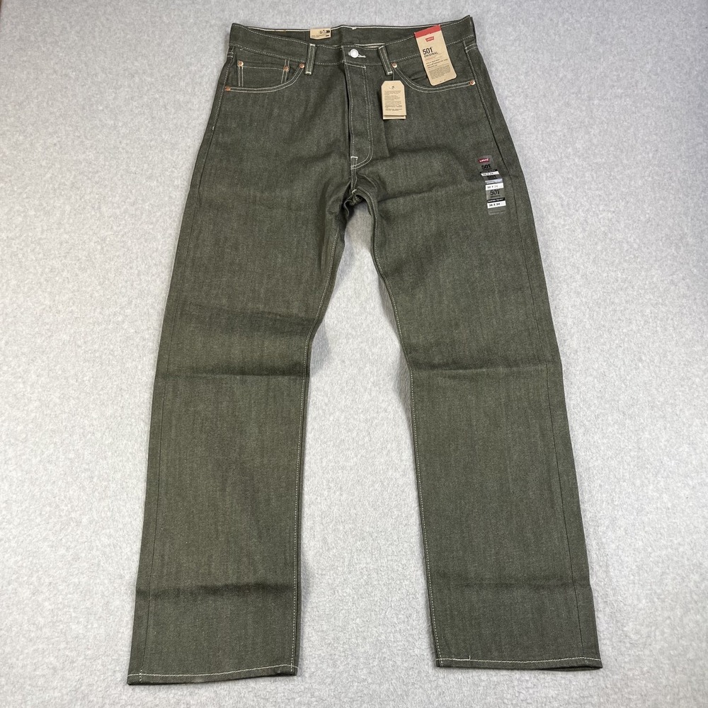 Levis 501 Original Jeans Mens 36x34 Olive Green Shrink To Fit Straight Leg Raw
